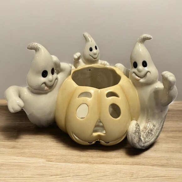 Lenox Tea Light Candle Holder Pumpkin with Three Ghosts Halloween Decoration - Picture 1 of 3